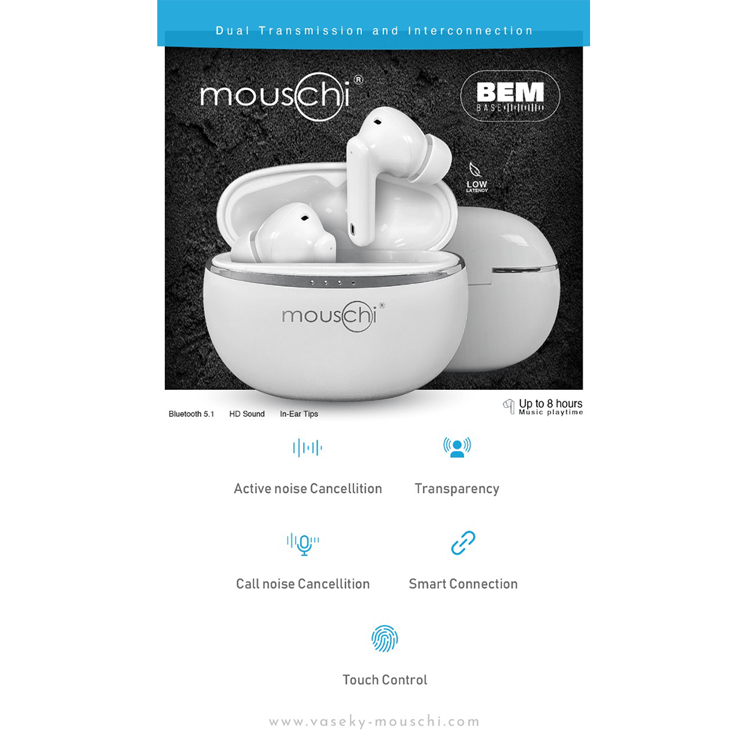 mouschi BEM base bluetooth earbuds white