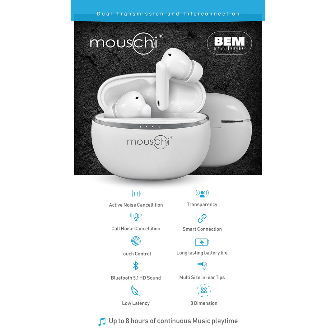 mouschi BEM base bluetooth earbuds white